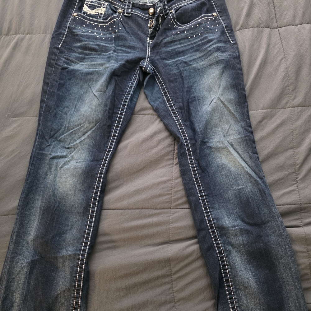 Maurices Premium Jeans Womens 16 Regular Blue Studded Mid Rise Stretch Bootcut